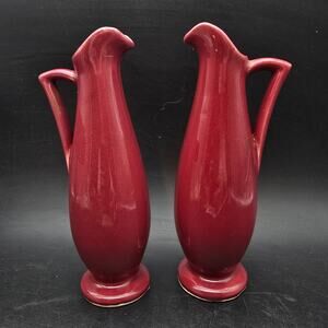Shawnee Pottery Red Ceramic Pitchers USA Vintage Pair of Two 2